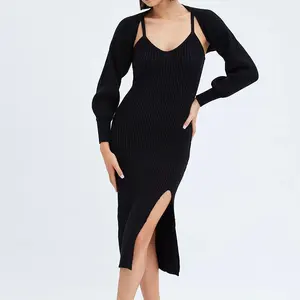 New Arrival Fashion Custom Elegant Women Autumn Black Knit Midi Dress Shrug Set Dress Maxi Lounge Sexy Sweater Dress