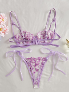 Wholesale Purple Floral Embroidery Women's Lingerie <b>Set</b> <b>Sexy</b> Sheer Lace Underwire Bra and Tie Side Thong with Bow Details - Product Image 3