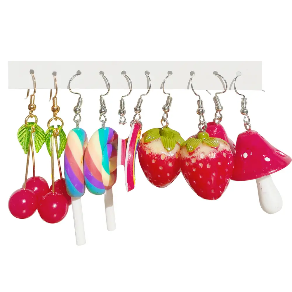 5 pares de brincos esquisitos e engraçados, brincos pendurados, incluindo flores, frutas e cogumelos, animais, TLX0198
