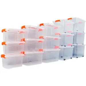 Caja de almacenamiento de plástico transparente de alta calidad, contenedor de almacenamiento con mango, 27L, 40L, 65L, diferentes tamaños