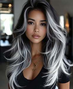 Perruque Lace Front en Cheveux Vierges Brésiliens Remy avec Dentelle Transparente Sans Colle pour Couleurs Gris et Noir Naturel, Texture Body Wave - Product Image 3