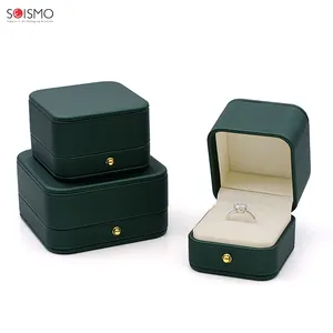 Wholesale Custom Emerald Green Jewellery Box Luxury Leather Double Ring Package Earring Jewelry Packaging Box