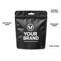 Sachet d'emballage alimentaire refermable en aluminium mat noir imprimé sur mesure avec fermeture éclair et trou de suspension, résistant à l'humidité
