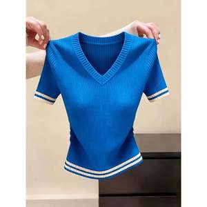 Suéter de punto de manga corta con cuello en V para mujer, color gris, talla S, con ribete acanalado - Product Image 3