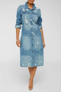 TKS 2026 신상 핫셀 S-3XL 여성 의류 블루 데님 버튼 찢어진 롱 여성 코트 - Product Image 4