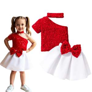 Nouvelle mode Ensemble fille été Rouge Top à épaules dénudées à paillettes Jupe bouffante Poudre <span class=keywords><strong>de</strong></span> fard à joues Vêtements pour enfants <span class=keywords><strong>de</strong></span> Noël - Product Image 1