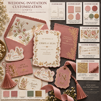 Ensemble d'invitations de mariage vintage rose poudré avec bordure florale dorée, impression personnalisée, kit de papeterie de mariage de luxe avec étiquettes