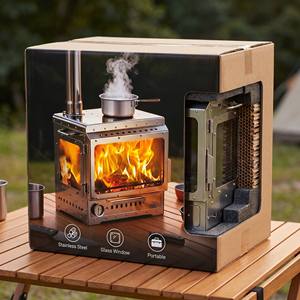 Poêle à bois portable en acier inoxydable <span class=keywords><strong>de</strong></span> qualité supérieure avec fenêtre <span class=keywords><strong>de</strong></span> visualisation en verre sur 3 côtés, pour tente, barbecue, pêche et rassemblements - Product Image 3