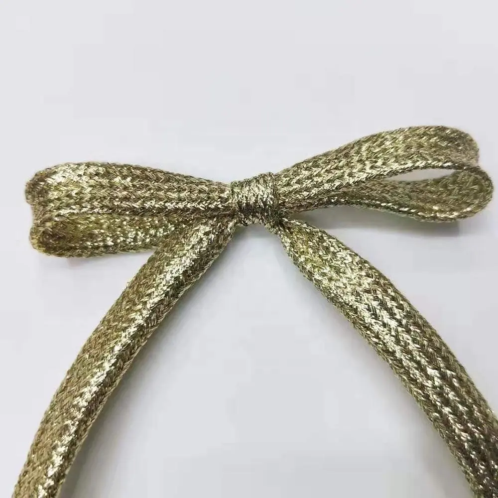 Luxury polyester gold silk woven flat drawcord lurex drawstring cord for hoodie 10mm