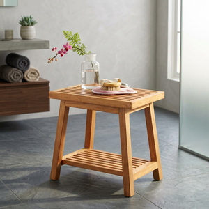 Modern Teak Wood <b>Bathroom</b> Spa Bench with Slatted Lower Storage Shelf - Product Image 3