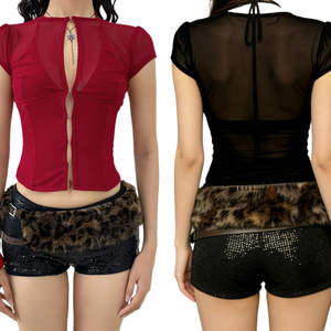 T-shirt d'été pour femme à manches courtes, nouvelle collection, style club, en maille transparente découpée, tricot décontracté, patchwork plissé, col rond - Product Image 1