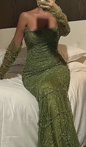 مخصص أخضر مطرز بشدة الدانتيل حورية البحر الفاخرة الزفاف بريق الترتر أنيقة مقاس كبير فستان الزفاف - Product Image 2