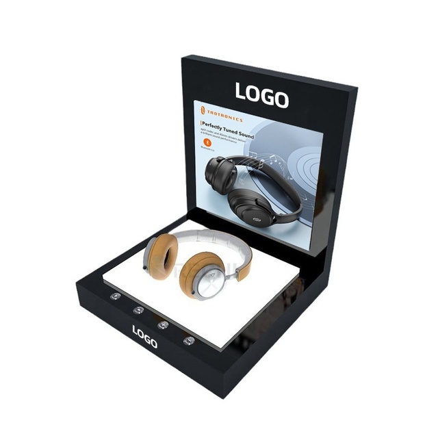 Modern Magnetic Custom-Made Illuminated Acrylic Bluetooth Headphone Display Stand with Accent Shelf