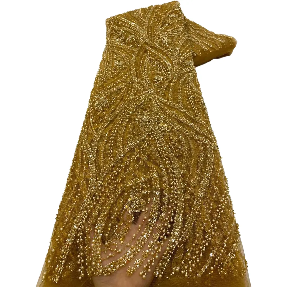 HFX 2024 Tecido de renda luxuoso para vestido de festa, tecido de renda africano de ouro com miçangas artesanais, tecido de malha nigeriano de luxo francês