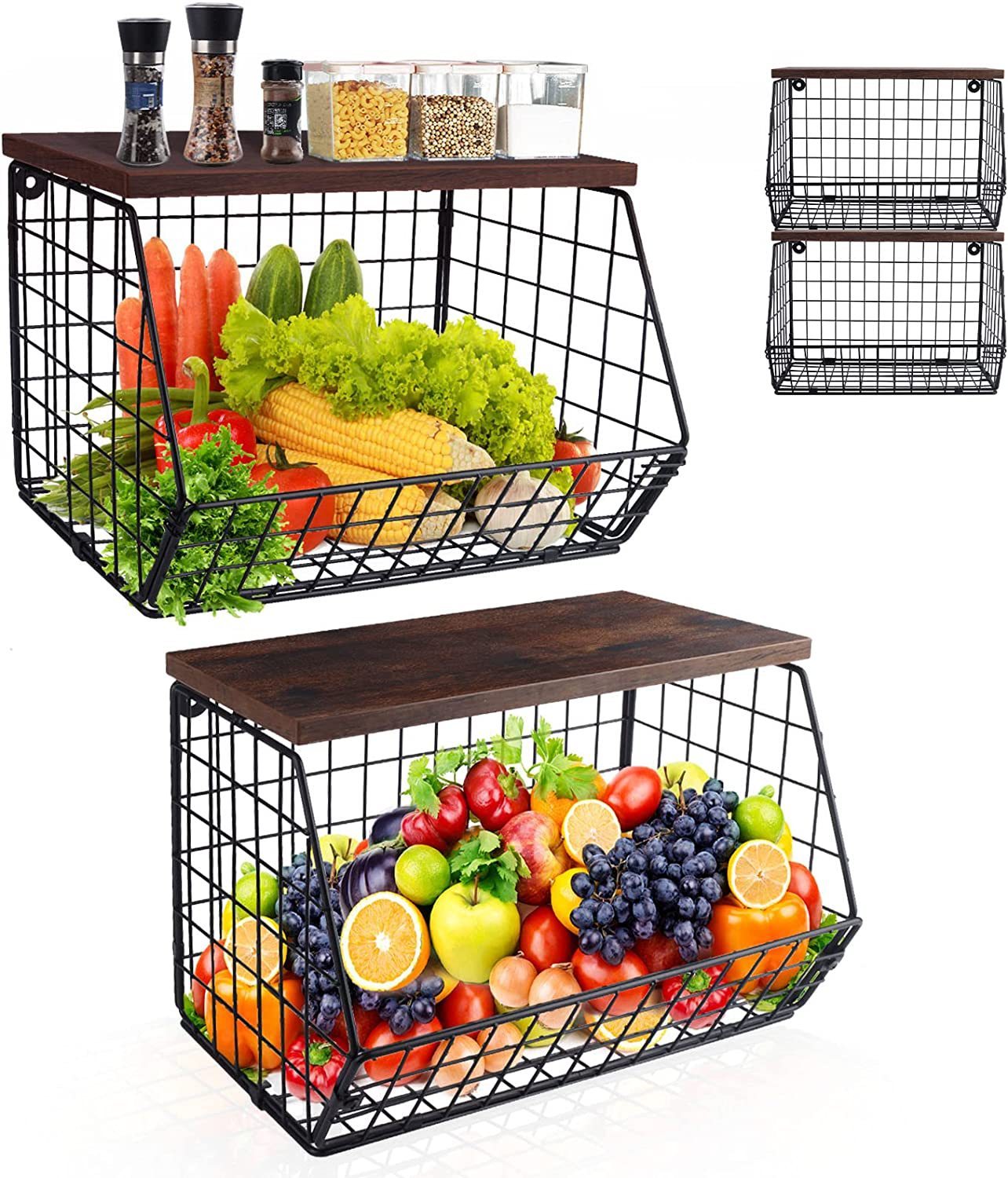 2個セット フルーツバスケット 玉ねぎ収納 ワイヤーバスケット 木製蓋 
