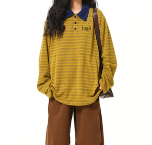 Garment Manufacturer Custom High Quality 100%cotton Maillard Striped <strong>Ladies</strong> <strong>POLO</strong> <strong>Shirt</strong> American Vintage <strong>Ladies</strong> <strong>Long</strong> <strong>Sleeve</strong> <strong>Shirt</strong> - Product Image 1