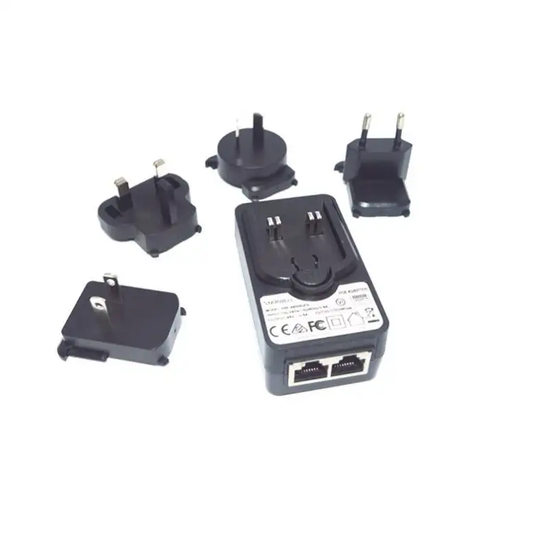 interchangeable plug POE injector with UK US AU EU plugs and rj45 ethernet POE power adapter FCC UL UKCA CE SAA