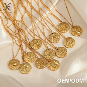 Collier pendentif <span class=keywords><strong>signe</strong></span> du zodiaque en acier inoxydable plaqué or 18 carats style vintage XF Relief Coin pour cadeau d'anniversaire - Product Image 1