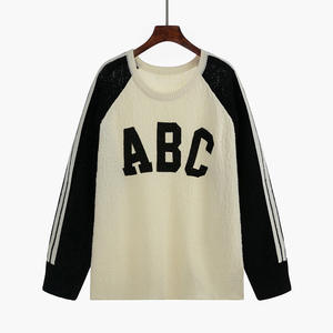 Jersey informal de invierno con cuello redondo para mujer, suéter holgado de punto largo con estampado de seda y mangas raglán, suéter frontal con estampado de letras bordadas - Product Image 6