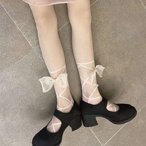 Lolita Calf-Length Lace-Up Stockings Milky White Transparent With Bow Women's <b>Shaping</b> <b>Leggings</b> - Product Image 3