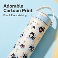 Bouteille isotherme 600 ml (20 oz) en acier inoxydable SUS 304 avec infuseur à thé indépendant, couvercle hybride paille et bec verseur, et motif graphique de dessin animé imprimé