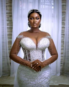 Cuentas de lujo <span class=keywords><strong>Lentejuelas</strong></span> Sirena Árabe Aso Ebi Vestido de novia para novia Manga larga Espalda abierta Vestido de novia con <span class=keywords><strong>falda</strong></span> extraíble - Product Image 3