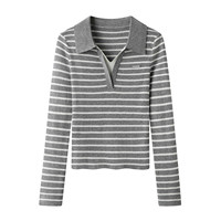 Haut en tricot à col polo rayé pour femme, effet deux pièces, nouvelle collection automne, pull slim à manches longues et couleurs contrastées 2610-33b