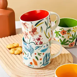 Taza de cerámica esmaltada para el hogar, tazas de cerámica de gran capacidad para el desayuno, baratas, de alto valor de flor