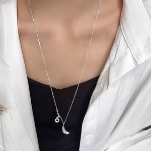 Collier croissant en argent sterling S925, chaîne longue de 60 cm pour femme, style coréen, chaîne de pull, bijou cadeau - Product Image 1