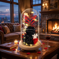 Rose noire gothique préservée sous cloche en verre avec papillon rouge et lumière LED, fleur éternelle véritable pour cadeau d'Halloween ou d'anniversaire