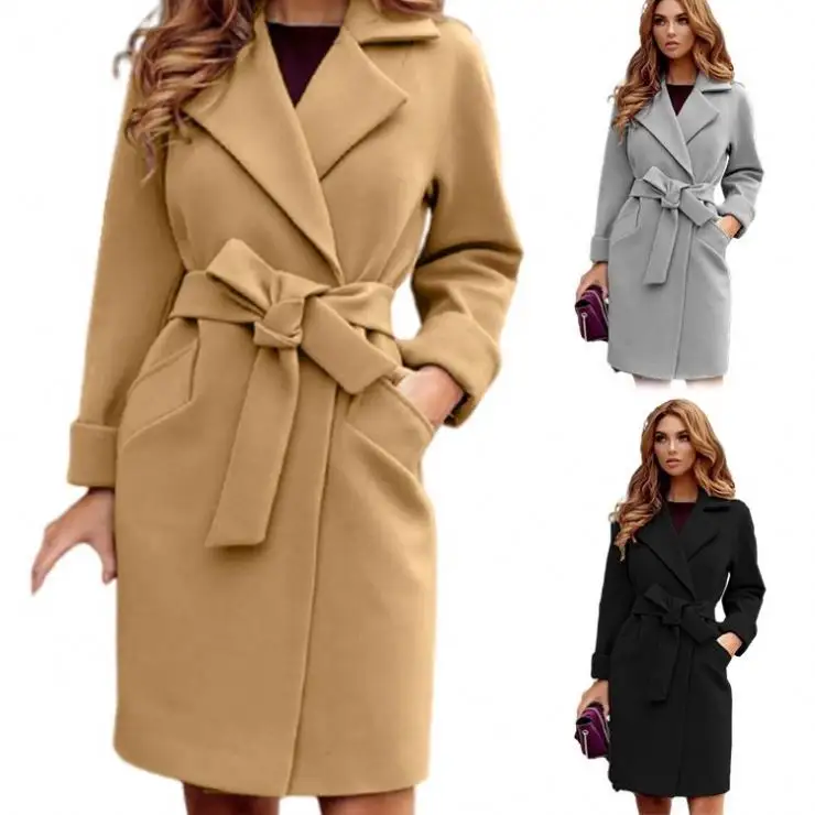 Women Elegant Long Wool Coat With Belt Solid Color Long Sleeve Chic Outerwear Ladies Casual Winter Women's Long Coat