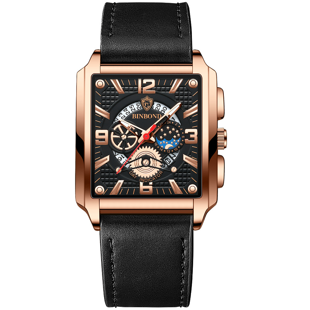 Black leather - rose gold - black face - rose stud