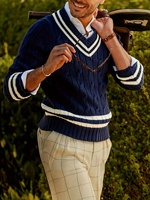 Pull décontracté pour homme style preppy, col en V, tricot torsadé, bordure rayée contrastante, manches longues, anti-plis, ODM