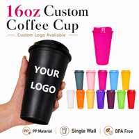 Gobelet réutilisable en plastique PP de 475 ml avec couvercle, logo personnalisé, gobelet de voyage à paroi simple, sans BPA, gobelet portable pour l'extérieur