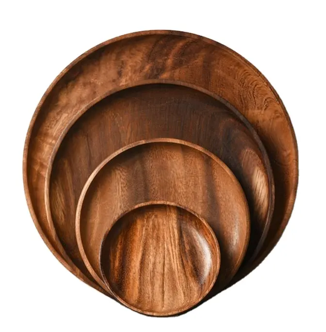 Plato redondo de madera de acacia de alta calidad al por mayor, plato de cena de ensalada de frutas de madera, platos de madera de acacia