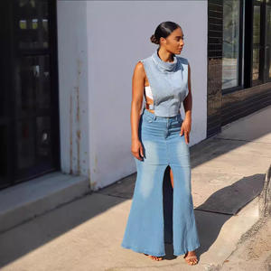 -Fashionale Denim High Slit <span class=keywords><strong>Asual</strong></span> Simple Mujeres Faldas Maxi - Product Image 5