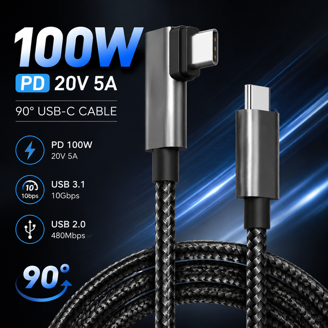 90 Degree USB C Cable 20V 5A 100W PD Quick Charging USB 3.1 10GB Transfer USB 2.0 Connector Braid High Quality logo Custom OEM
