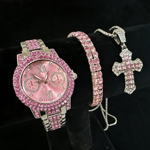 Montre décontractée à quartz pour femme, de haute qualité, <span class=keywords><strong>pas</strong></span> chère, avec cadran rond, strass et croix en diamant <span class=keywords><strong>argent</strong></span>é, ensemble de 3 pièces - Product Image 1