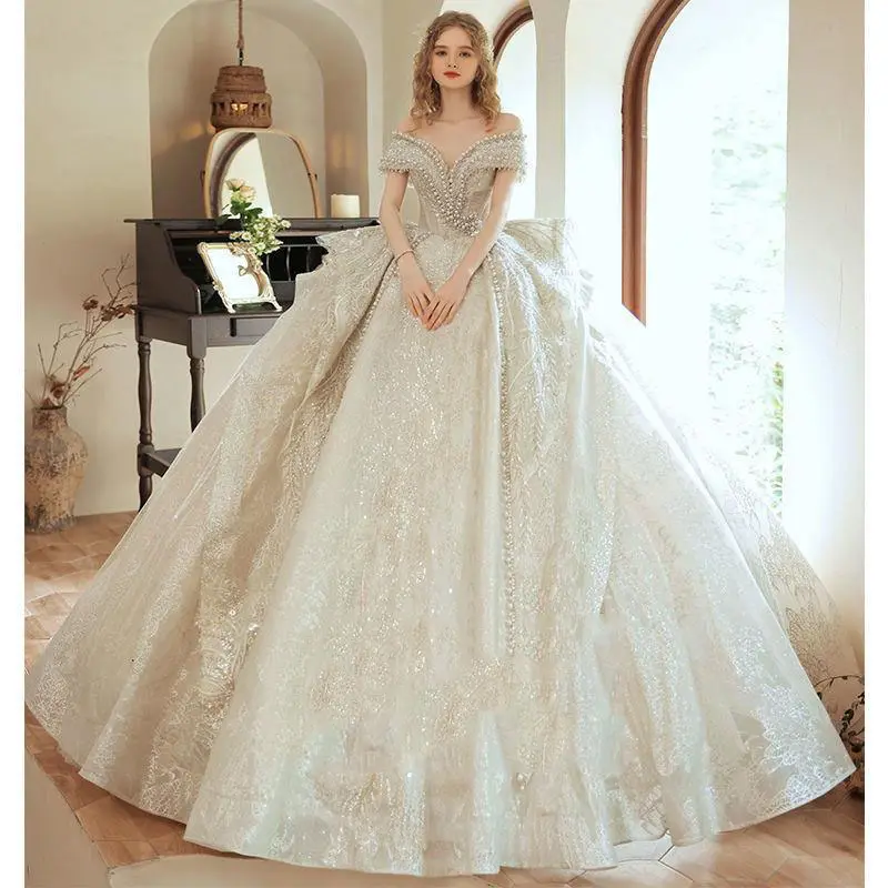 2022 new trailing wedding dress luxury heavy industry one shoulder temperament sparkle beaded bride boho wedding dress