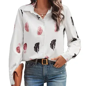 Spring And Summer Hot V-Neck Women'S Feather Print White Shirt Women's Blouses Shirts In-shock