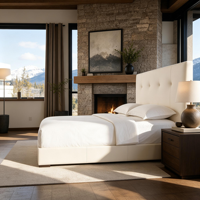 Lit capitonné moderne et luxueux en cuir, personnalisable, avec rangement intégré et choix de revêtement, idéal pour villas et suites d'hôtel