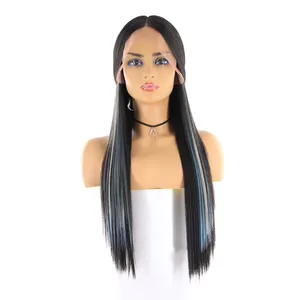 X-TRESS Yaki düz sentetik saç peruk doğal saç çizgisi ile Ombre mavi mor renk uzun katmanlı dantel ön peruk