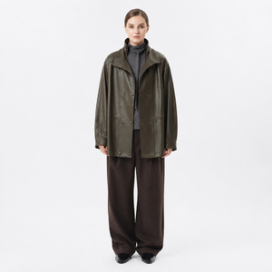 <span class=keywords><strong>Manteau</strong></span> mi-long en peau d'agneau semi-cirée <span class=keywords><strong>vert</strong></span> olive pour <span class=keywords><strong>femme</strong></span>, col à volants, ceinture ajustable, coupe-vent décontracté d'hiver avec fermeture éclair - Product Image 4