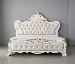 Premium Queen Size White Gold <b>Bed</b> With Cream PU Diamond Tufted Rose Floral Carved Nailhead Headboard For European Rococo Bedroom - Product Image 6