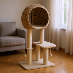 Árbol para gatos moderno beige de 39 pulgadas con poste rascador de sisal, caseta y rascador colgante de cuerda para gatos de interior - Product Image 2
