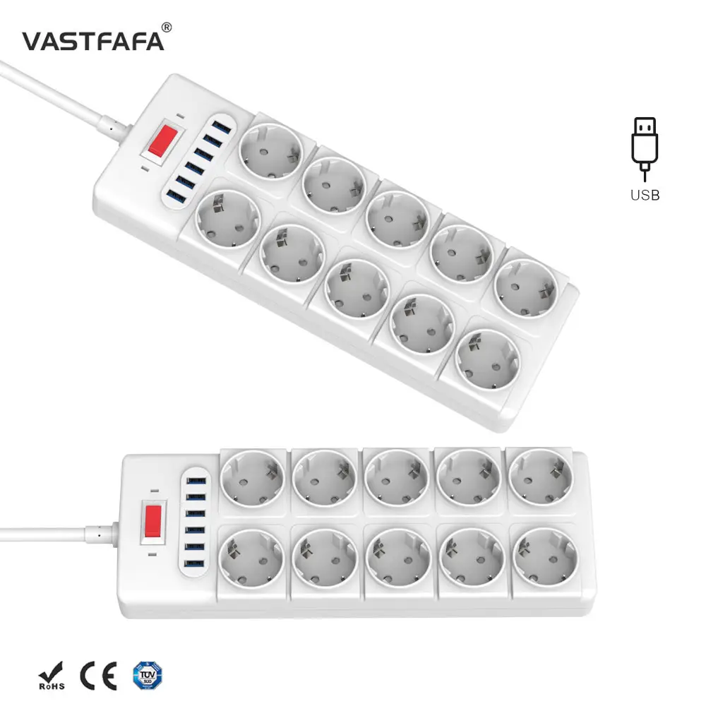 Vastfafa EU Surge Protector Overload Electric Power Strip 10ac Outlet Extension Plug Online Shopping OEM ODM Service White