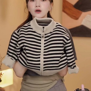 Women's Striped Zipper Cardigan Short Sleeve Knit Sweater Contrast Color Casual Wear - Product Image 3