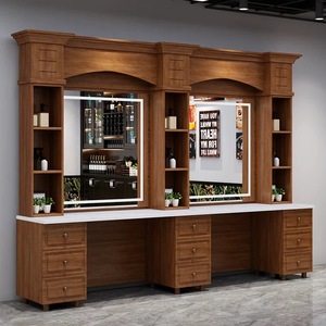 HaoYu, soporte de salón de belleza antiguo, espejo de gabinete, estación de barbero de madera negra con cuenco de champú, espejo de peluquería de doble cara - Product Image 1