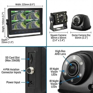 Système de caméra de recul Melia 9 pouces à haute luminosité, moniteur DVR pour camion, enregistrement de stationnement 4 canaux, 1080P, 256 Go SD, étanche, camping-car, bus, <span class=keywords><strong>fourgon</strong></span> - Product Image 3