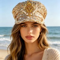 Chapeau de Capitaine Personnalisé Unisexe Décontracté de Plage, Or, Paillettes, Perles, Strass, Gemmes, Fournitures de Fête de Luxe pour Burning Man, Vente en Gros, MOQ 3